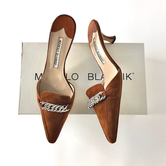 Manolo Blahnik Vintage Chain Link Brown Suede Kitten Heel Pointed Toe Mules 37 - Picture 1 of 12